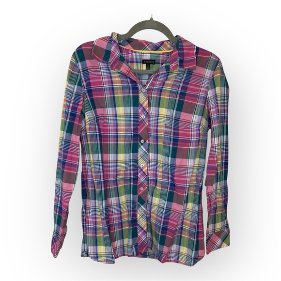 Talbots Plaid Button Down Shirt Pink Green Blue Yellow - Medium - Picture 1 of 5